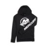 Side view of the black Mercury Pro Team Hoodie showing the white Mercury “M” chest logo and “MERCURY” printed down the left sleeve.