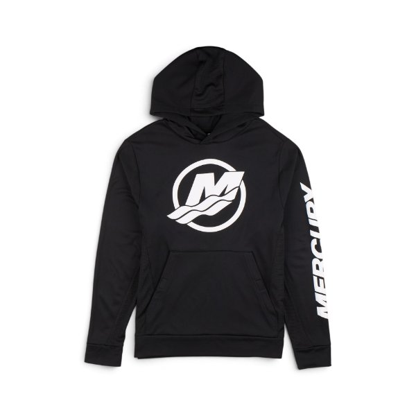 Front of the black Mercury Pro Team Hoodie with a large white Mercury “M” logo on the chest and “MERCURY” printed down the sleeve.